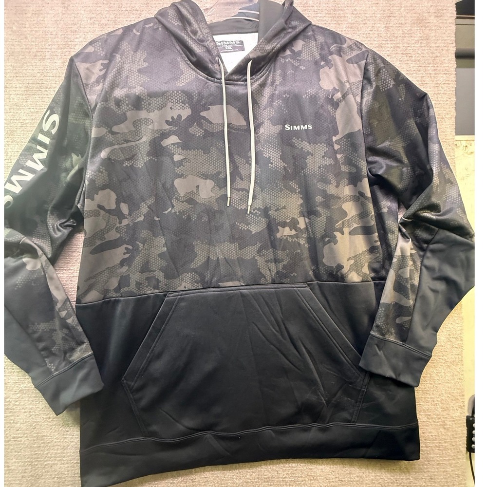 Simms Hoodie Mens XXL Black Camo Good Fishing Performance Sweatshirt 41307